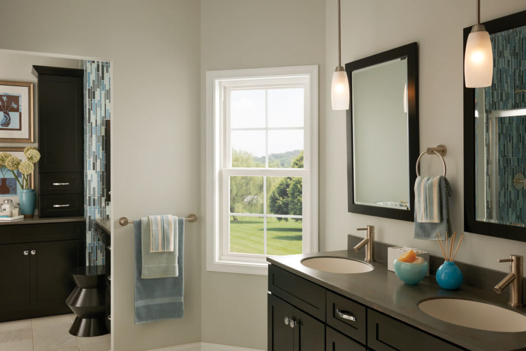 White single hung window in the bathroom